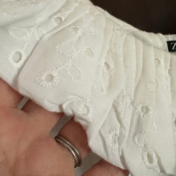 ZARA | White Eyelet Ruffle Neck Smocked Back Crop Top | Size Small - Picture 5 of 7